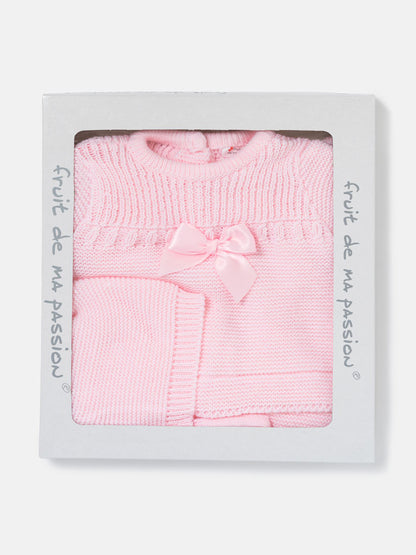 Baby Girl Spanish Style Satin Bow 3-Piece Knitted Gift Box Set - Baby Pink