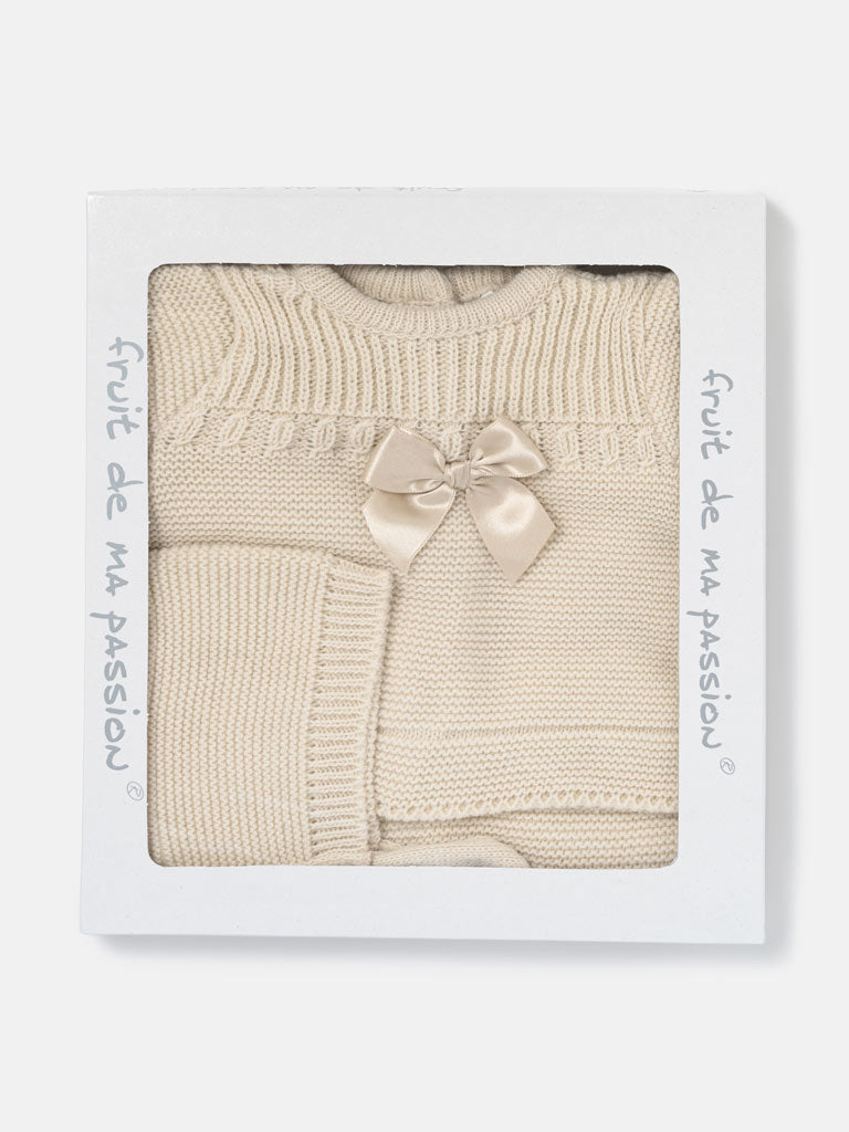 Baby Girl Spanish Style Satin Bow 3-Piece Knitted Gift Box Set - Beige
