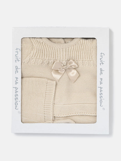 Baby Girl Spanish Style Satin Bow 3-Piece Knitted Gift Box Set - Beige