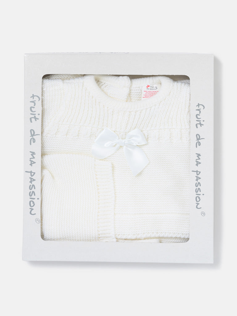Baby Girl Spanish Style Satin Bow 3-Piece Knitted Gift Box Set - Ivory