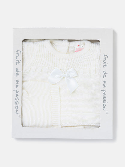 Baby Girl Spanish Style Satin Bow 3-Piece Knitted Gift Box Set - Ivory