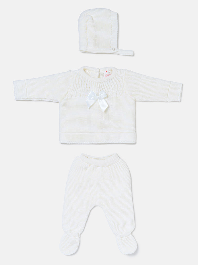 Baby Girl Spanish Style Satin Bow 3-Piece Knitted Gift Box Set - Ivory