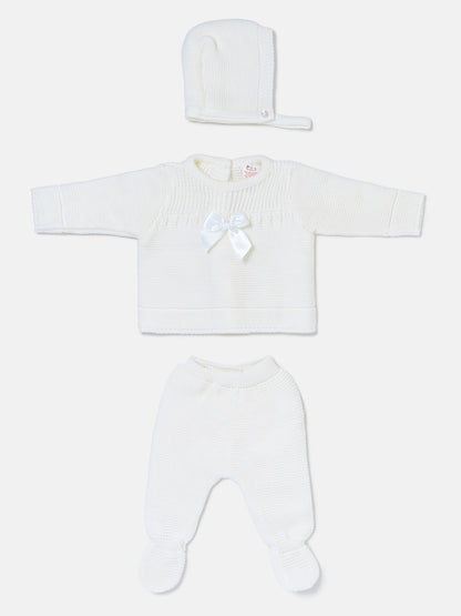 Baby Girl Spanish Style Satin Bow 3-Piece Knitted Gift Box Set - Ivory