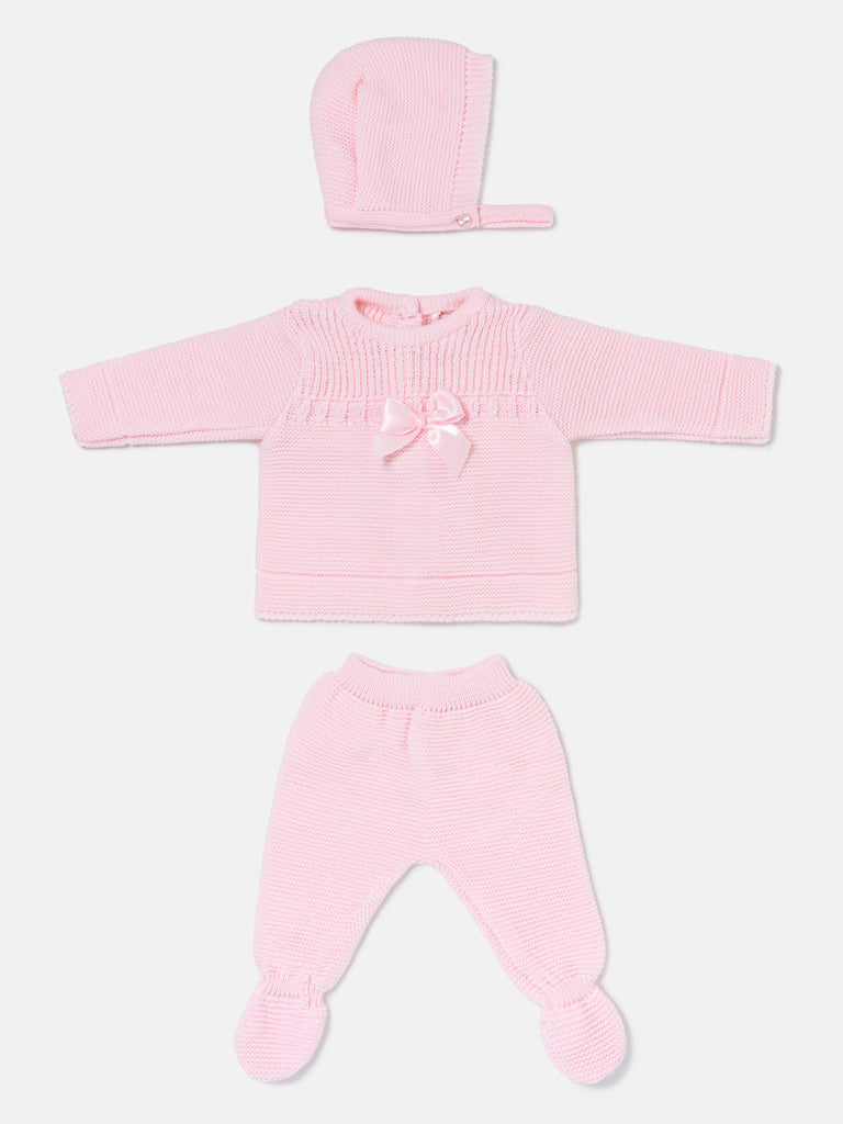 Baby Girl Spanish Style Satin Bow 3-Piece Knitted Gift Box Set - Baby Pink