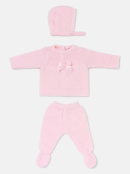 Baby Girl Spanish Style Satin Bow 3-Piece Knitted Gift Box Set - Baby Pink