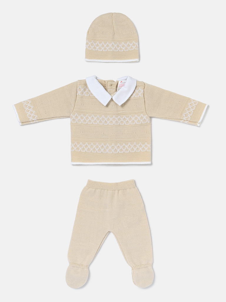 Baby Boy Contrast Smart Collar 3-Piece Knitted Gift Box Set - Beige