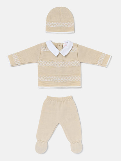 Baby Boy Contrast Smart Collar 3-Piece Knitted Gift Box Set - Beige