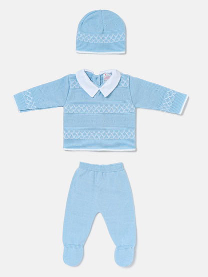 Baby Boy Contrast Smart Collar 3-Piece Knitted Gift Box Set - Baby Blue