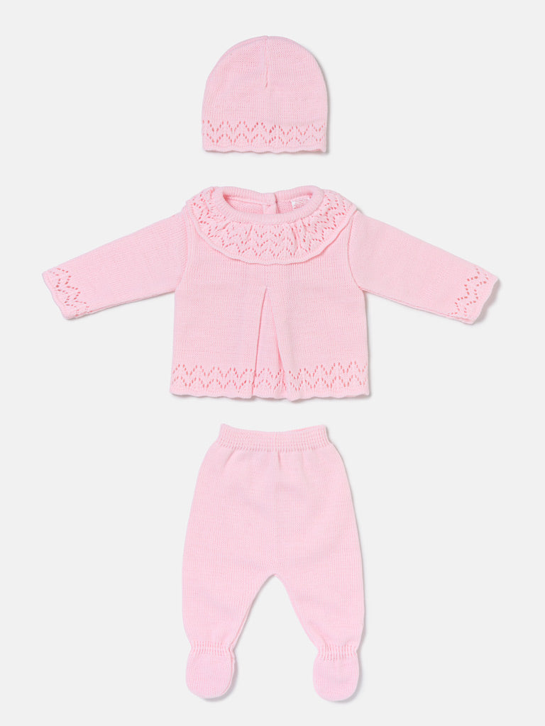 Baby Girl Fine Knit Pleated Front 3-Piece Gift Box Set - Baby Pink