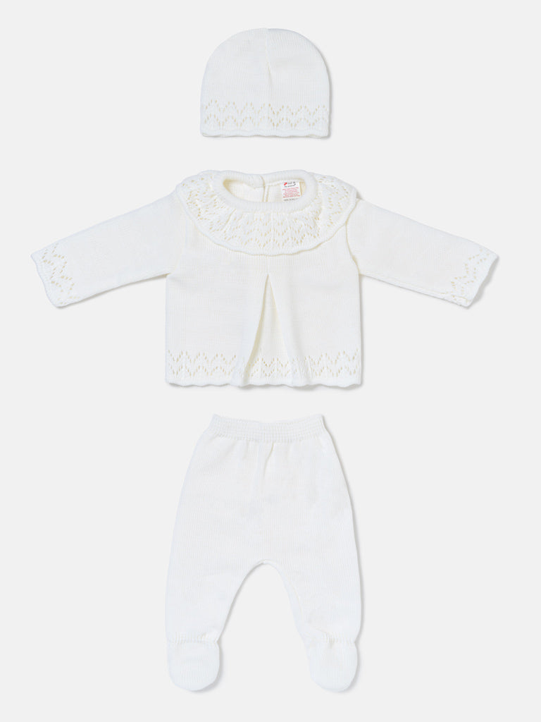 Baby Girl Fine Knit Pleated Front 3-Piece Gift Box Set - Ivory
