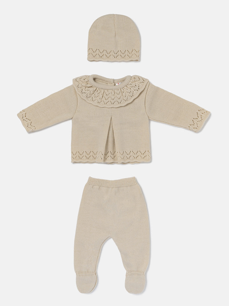 Baby Girl Fine Knit Pleated Front 3-Piece Gift Box Set - Beige