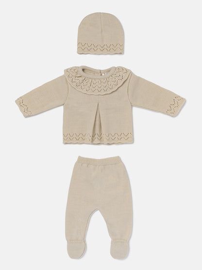 Baby Girl Fine Knit Pleated Front 3-Piece Gift Box Set - Beige