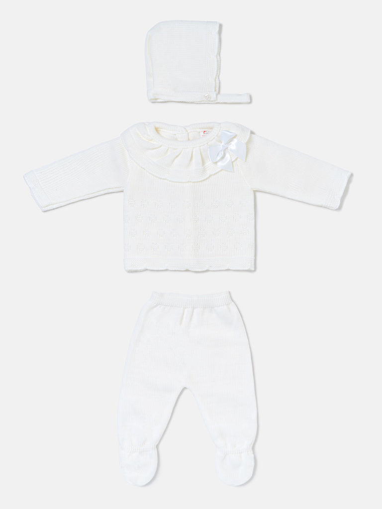 Baby Girl Knitted Ruffle & Contrast Trim 3-Piece Gift Box Set - Ivory