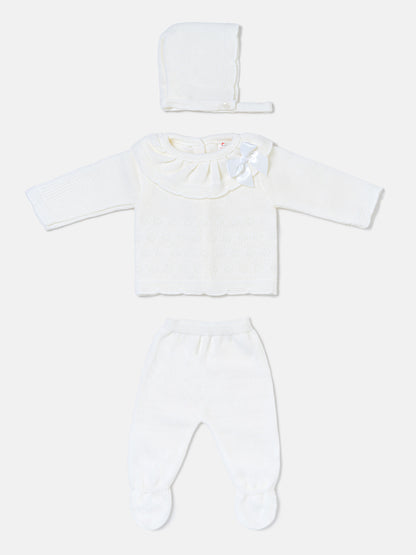 Baby Girl Knitted Ruffle & Contrast Trim 3-Piece Gift Box Set - Ivory