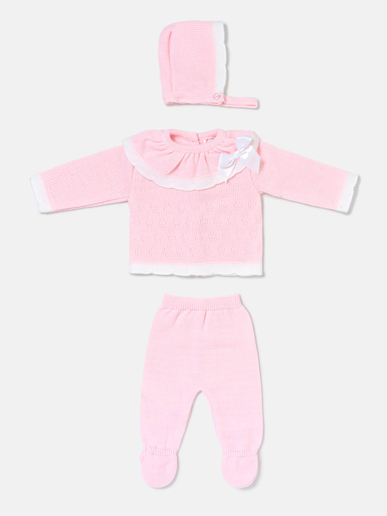 Baby Girl Knitted Ruffle & Contrast Trim 3-Piece Gift Box Set - Baby Pink