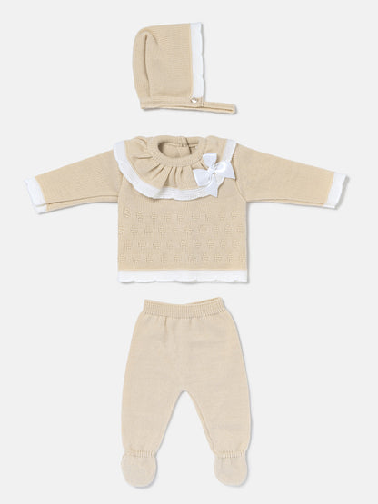 Baby Girl Knitted Ruffle & Contrast Trim 3-Piece Gift Box Set - Beige