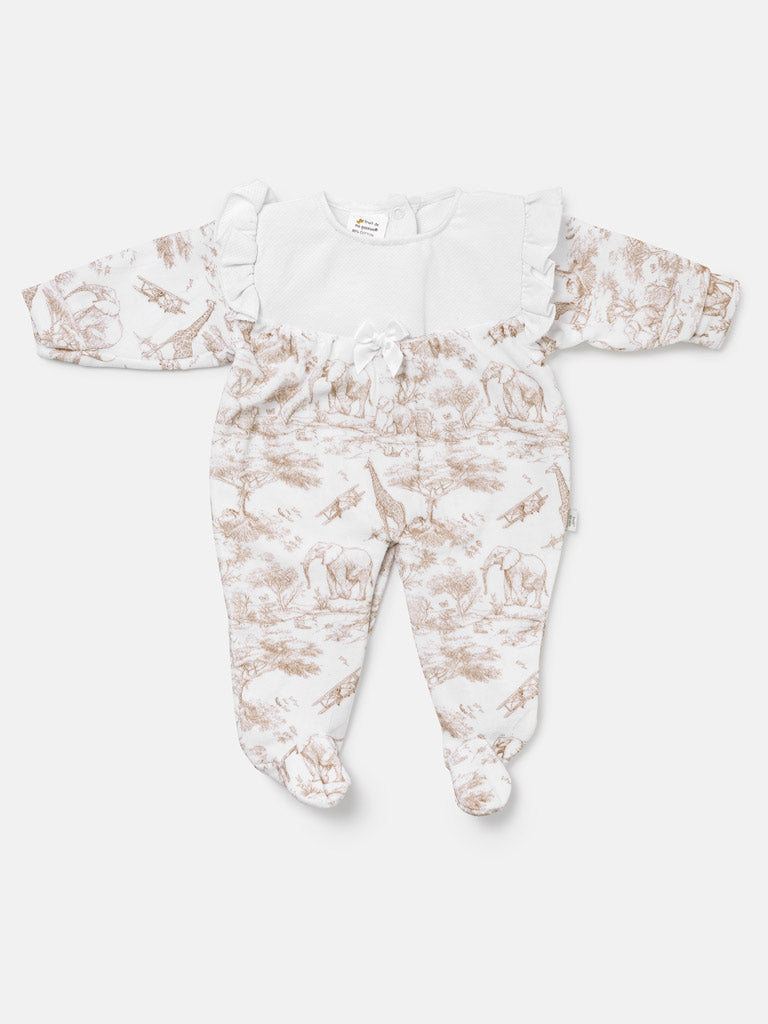Safari Collection Velour Baby Grow for Girls with Frills - Beige