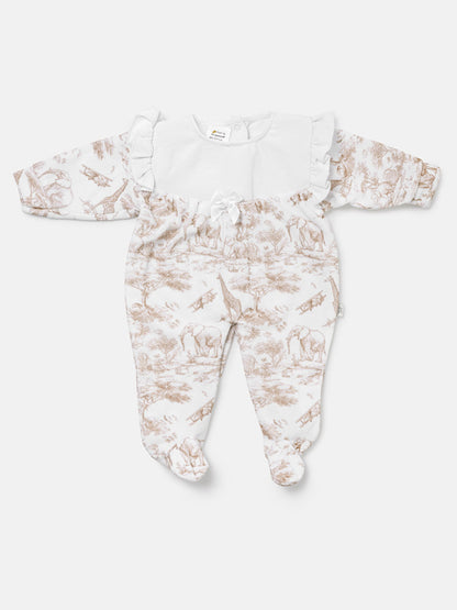 Safari Collection Velour Baby Grow for Girls with Frills - Beige
