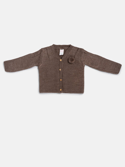 Baby Boy Button-Down Knitted Cardigan with Pom-Pom - Brown