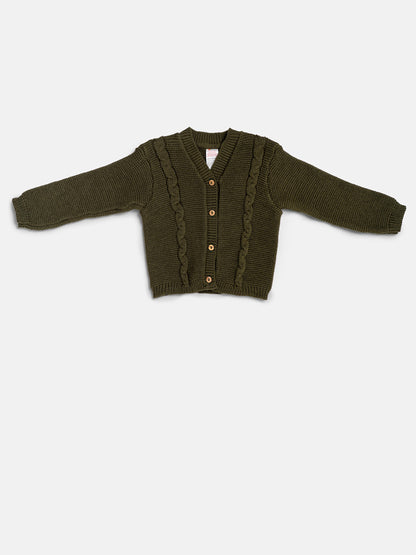 Baby Boy Cable Knit Cardigan - Olive Green