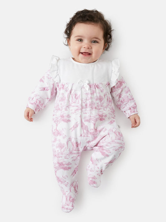Safari Collection Velour Baby Grow for Girls with Frills - Baby Pink