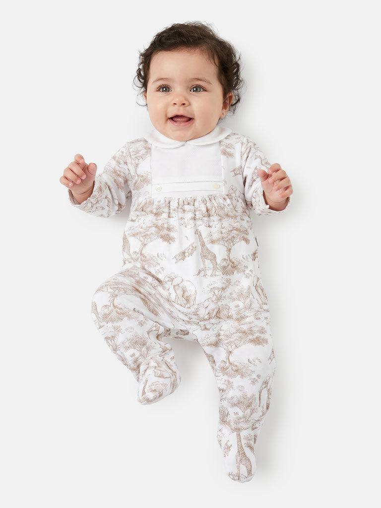 Safari Collection Velour Baby Grow with Peter Pan Collar - Beige