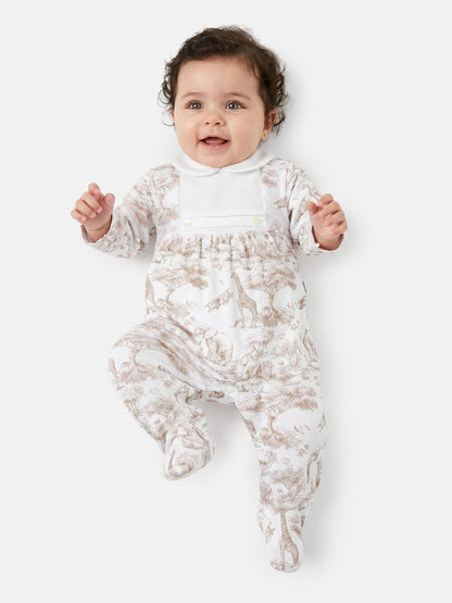Safari Collection Velour Baby Grow with Peter Pan Collar - Beige
