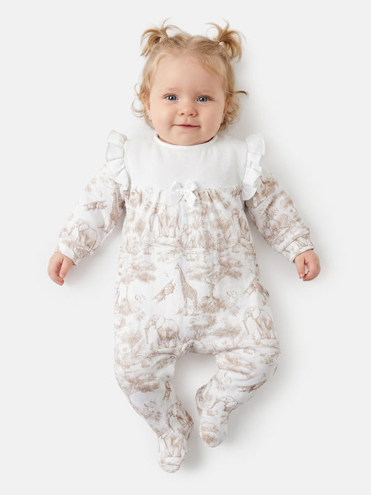 Safari Collection Velour Baby Grow for Girls with Frills - Beige