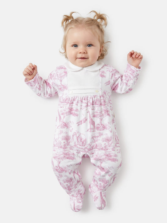 Safari Collection Velour Baby Grow with Peter Pan Collar - Baby Pink