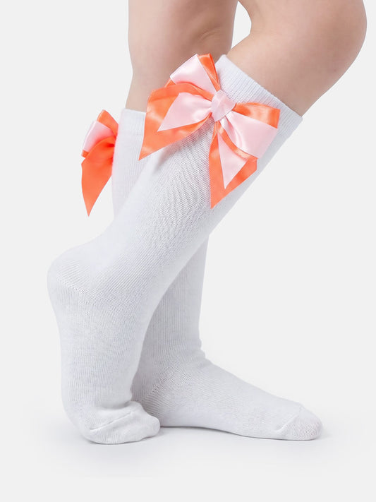 Baby Girl Knee Socks with Satin Double Bow -  White & Orange