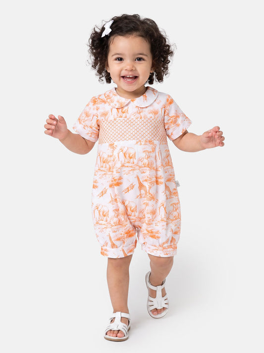Baby Smocked Summer Romper Safari Collection - Orange
