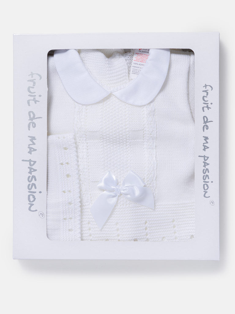 Baby Girl 3-Piece Satin Bow Knitted Gift Box Set - White