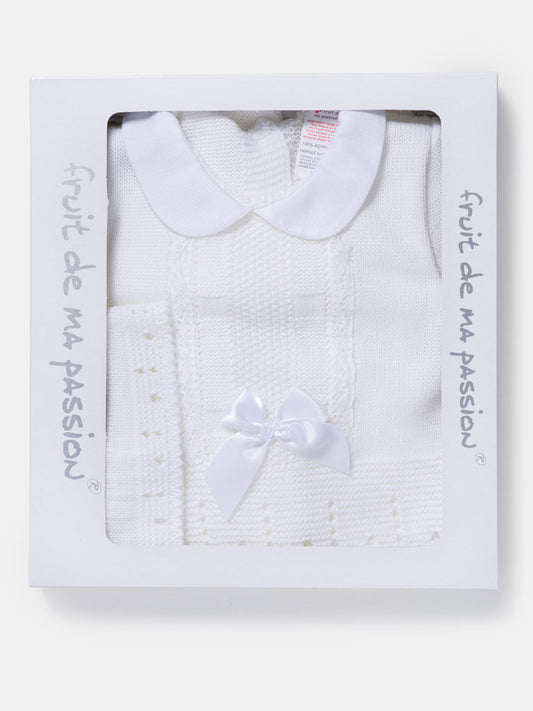 Baby Girl 3-Piece Satin Bow Knitted Gift Box Set - White