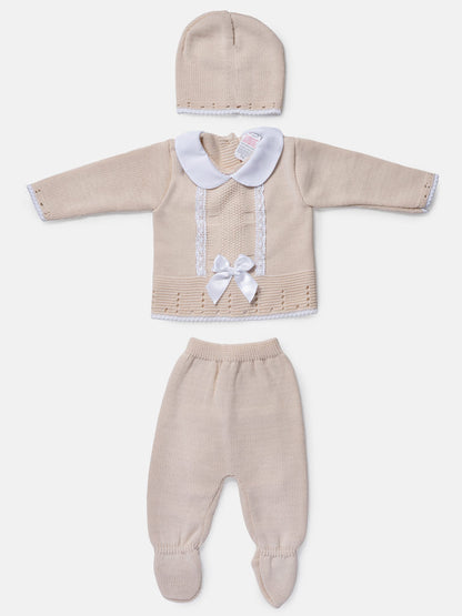 Baby Girl 3-Piece Satin Bow Knitted Gift Box Set - Beige