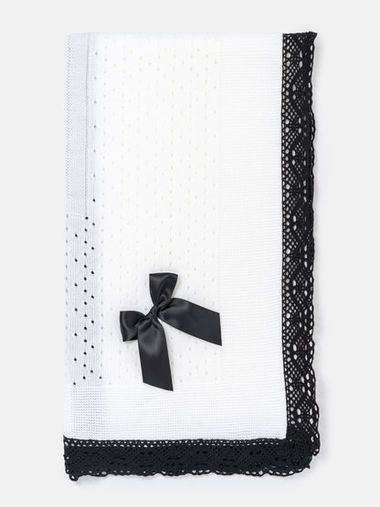 Baby Open Dot Knitted Spanish Blanket with Bow - White & Black