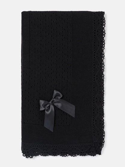 Baby Open Dot Knitted Spanish Blanket with Bow - Black