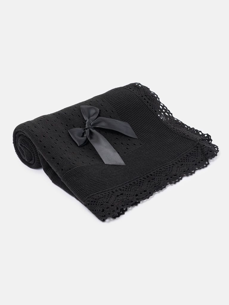 Baby Open Dot Knitted Spanish Blanket with Bow - Black