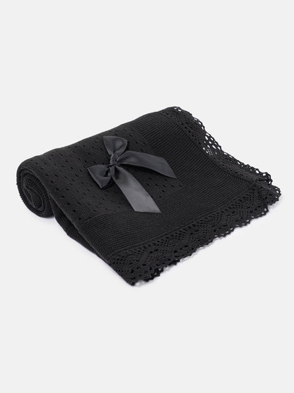 Baby Open Dot Knitted Spanish Blanket with Bow - Black