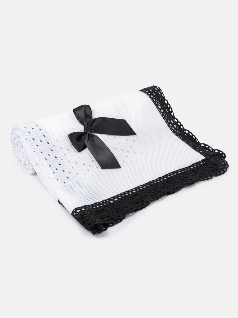 Baby Open Dot Knitted Spanish Blanket with Bow - White & Black