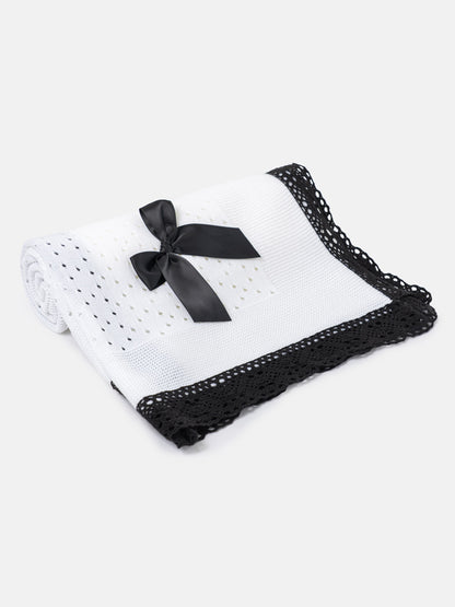 Baby Open Dot Knitted Spanish Blanket with Bow - White & Black
