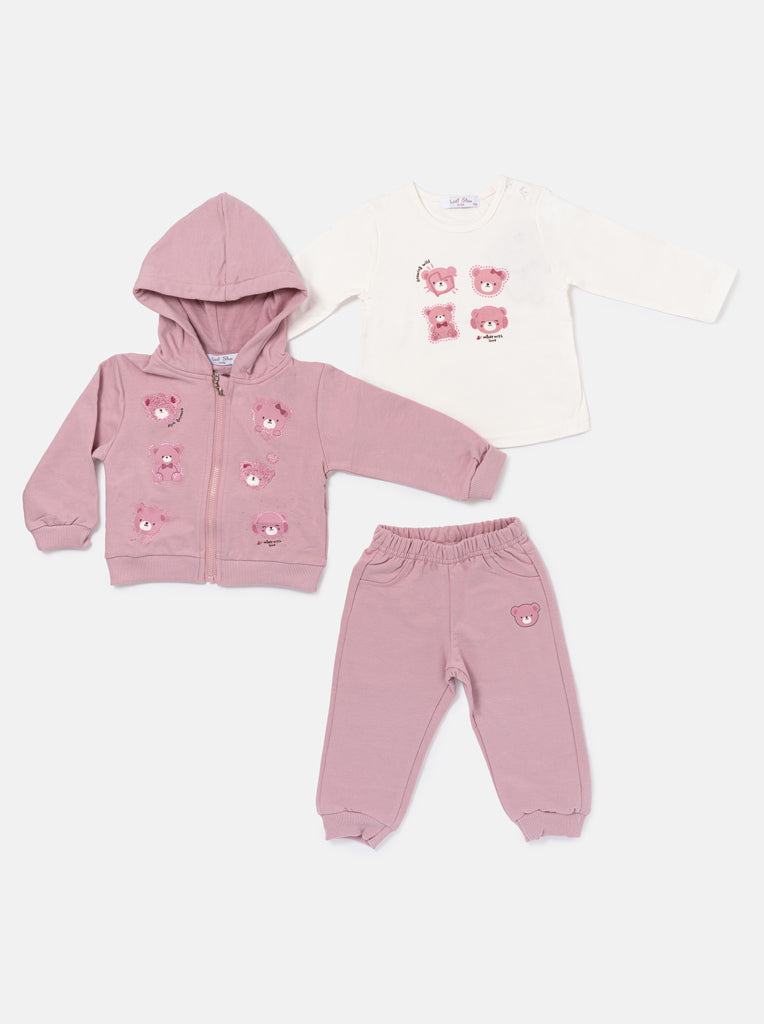 Baby Girl Leonora Collection 3-Piece Hooded Tracksuit Set with Teddy Design - Dusty Pink