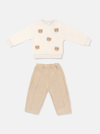 Baby Girl Silvia Collection 2-Piece Tracksuit Set with Diamond Teddy Design - Beige