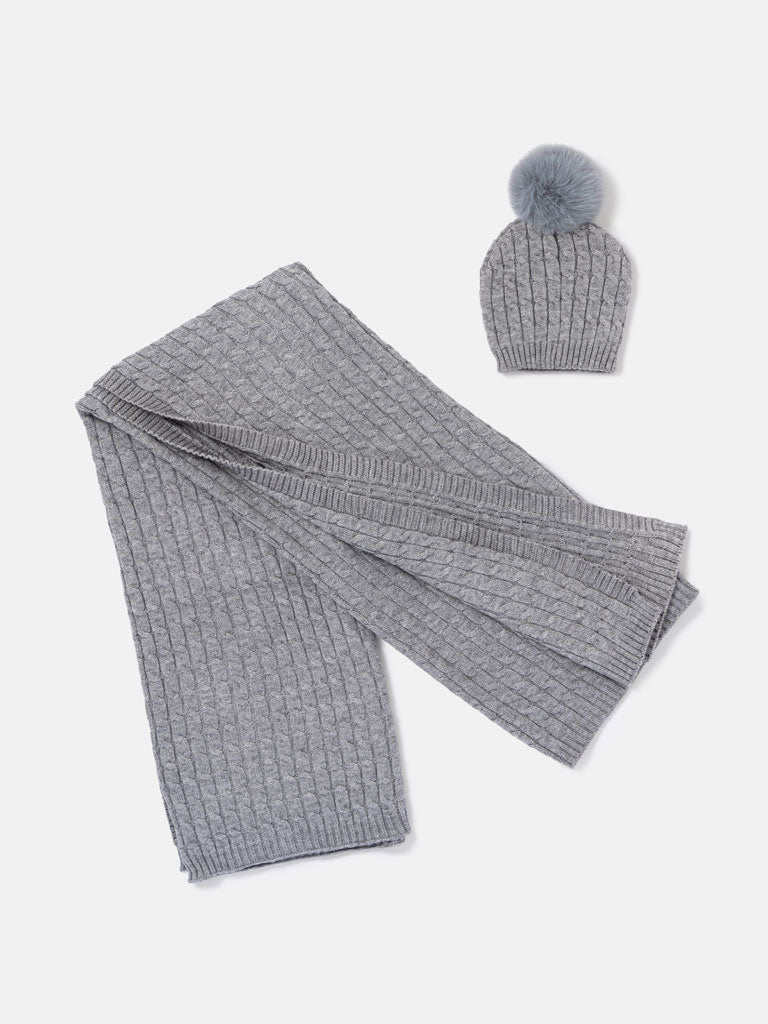 Baby Cable Knit Blanket & Single Pom-Pom Hat Set - Charcoal