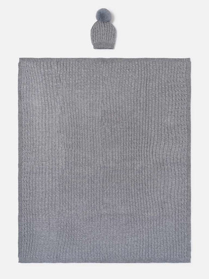 Baby Cable Knit Blanket & Single Pom-Pom Hat Set - Charcoal