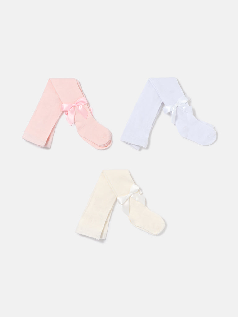 Baby Girl Soft Tights with Satin Bow - Baby Pink + White + Ivory