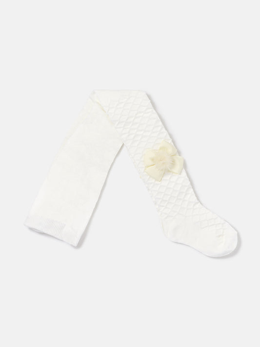 Baby Girl Waffle Pattern Tights with Satin Bow & Pom-Pom - White & Ivory