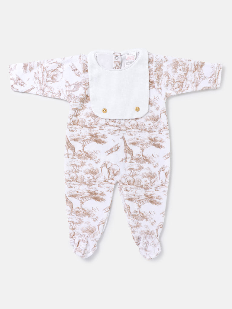 Velour Baby Grow with Attached Small Bib & Buttons - Safari Collection - Beige