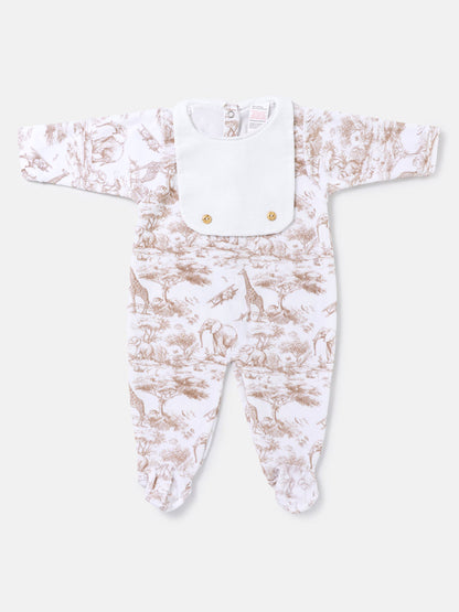 Velour Baby Grow with Attached Small Bib & Buttons - Safari Collection - Beige