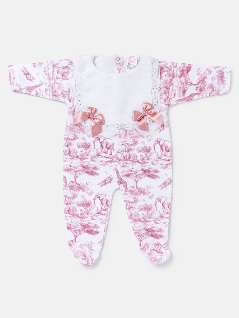 Velour Baby Grow with Bows & Lace Details - Safari Collection - Baby Pink
