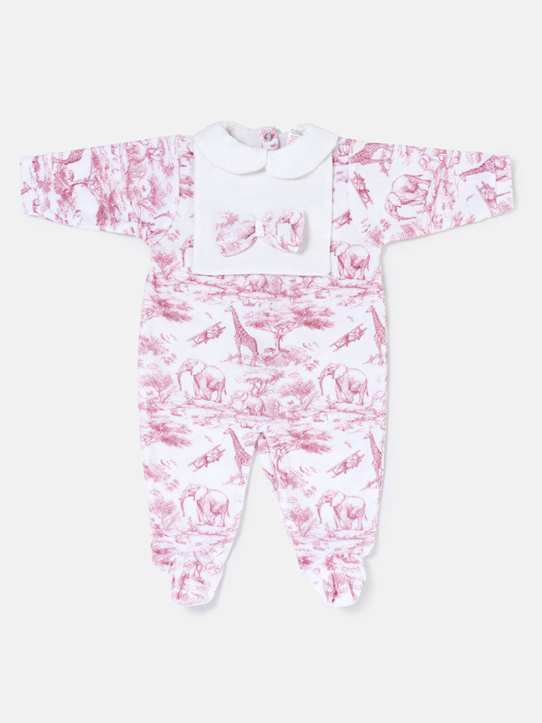 Velour Baby Grow with Bow & Peter Pan Collar - Safari Collection - Baby Pink